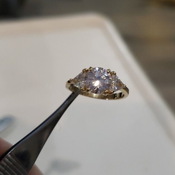 Round cut three stone ring. Simulated Round Stone Elevated Two Trillion Stones - Picture 7 of 9